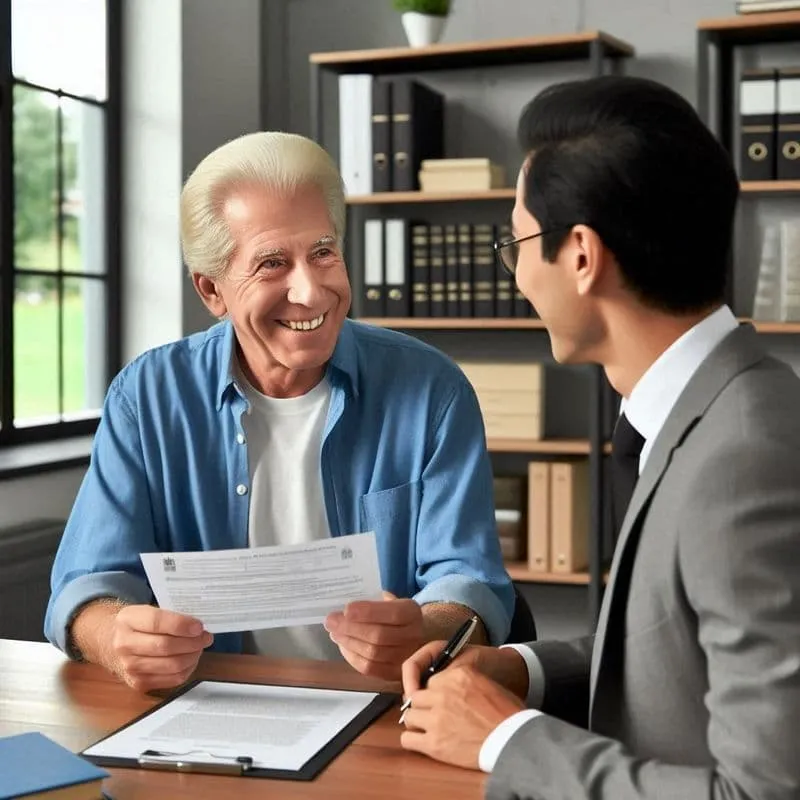Um idoso sentado à mesa de um escritório, conversando com um advogado que está revisando documentos. O ambiente é acolhedor e transmite segurança, com estantes de livros jurídicos e certificados na parede. O idoso segura um extrato bancário e sorri, sentindo-se aliviado e confiante